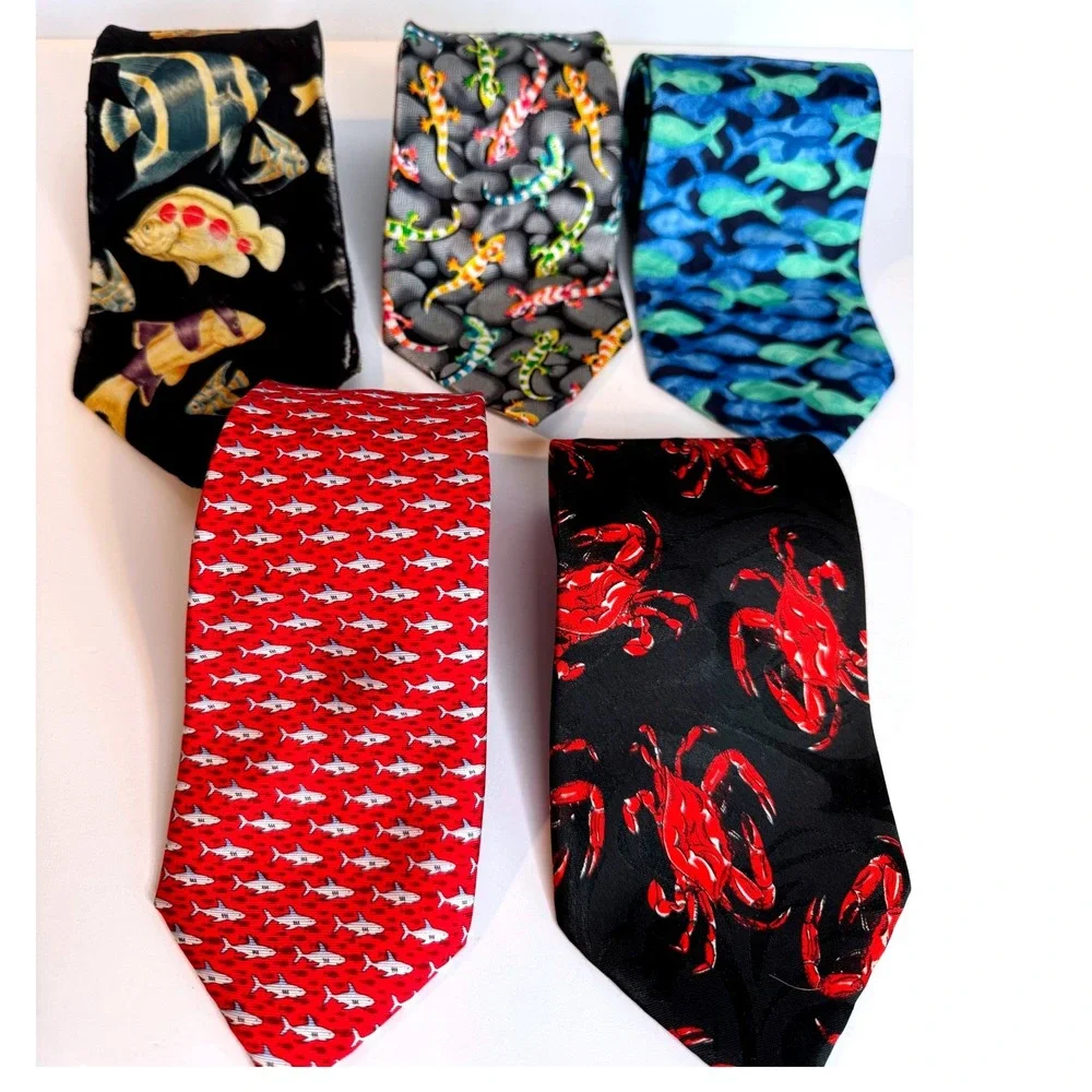 Vintage Fish Theme Silk Tie Lot of 5 Sharks Crabs Novelty Ocean‎ Neckties Mens